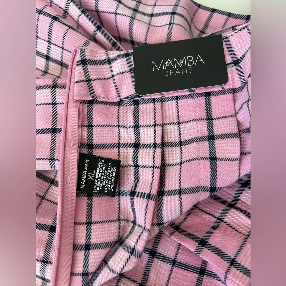 NWT MAMBA JEANS SKATER SKIRT Sz.XL. HIGH WAIST, PLEATED, PINK/BLACK PLAID PRINT